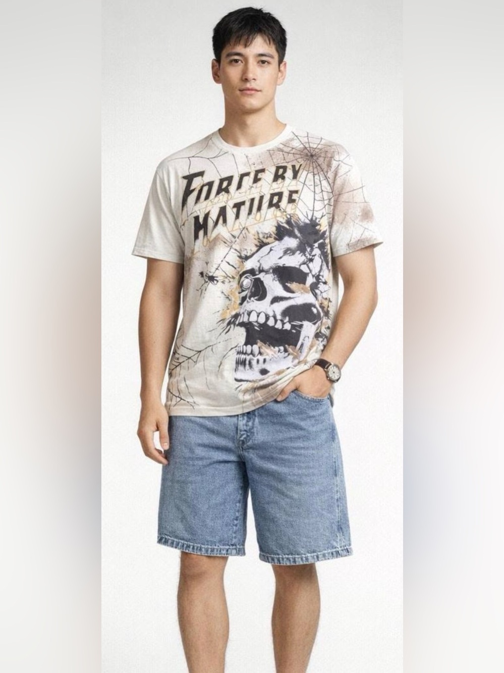 Skull Graphic Crewneck T-Shirt - White/Beige